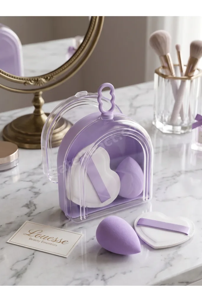 LOUÉSSE BEAUTY Mini Pudra Pufu & Makyaj Süngeri Seti – Lavender Case Edition