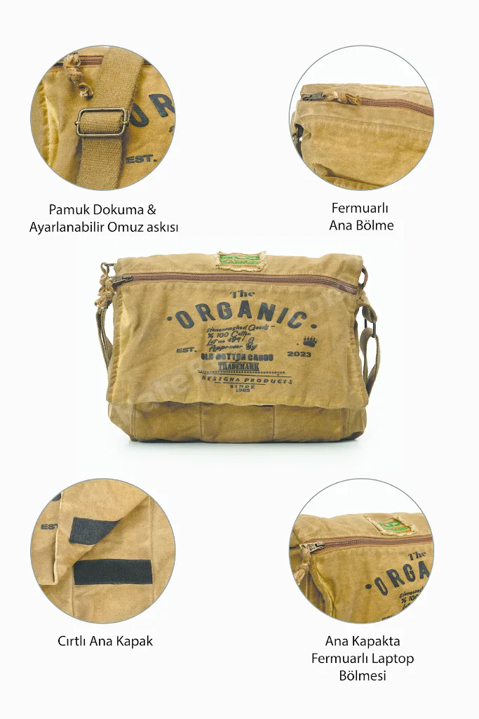 Salaş Omuz Çantası Pamuk Postacı Laptop Okul Seyahat Günlük Vintage Retro - Mulater Bag 8128