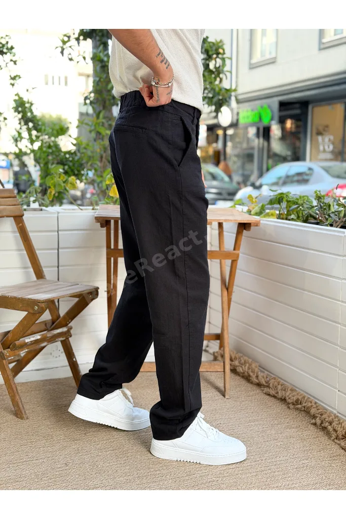 Regular Kalıp Keten Pantolon Siyah