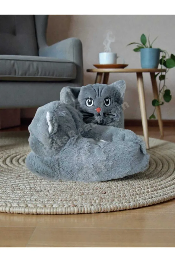 Kedi Panduf Ev Botu Çocuk Tuylu Peluş Yumuşak Kaymaz Tabanlı Hayvan Figürlü