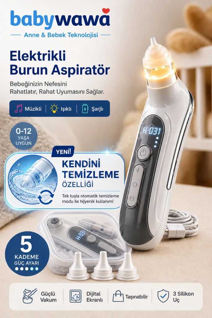 H-031 Şarjlı Kendini Temizleyen 5 Kademe Burun Aspiratörü 0-12 Yaş Işıklı Müzikli Nasal Aspiratör