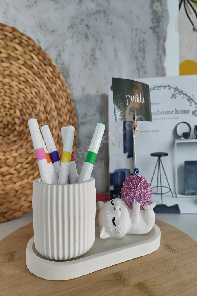 Purida Design Dekoratif Sevimli Kedi Kalemlik ve Notluk Seti