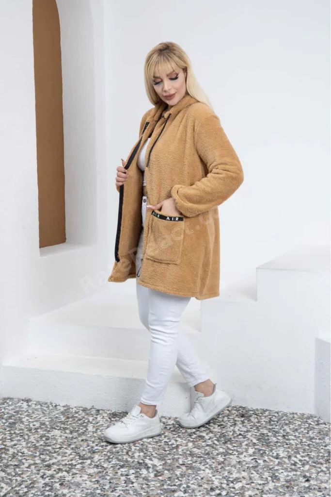 BÜYÜK BEDEN LİKRALI YUMUŞAK CEPLİ KAPŞONLU RİBANALI FERMUARLI KIŞLIK TREND PELUŞ POLAR HIRKA