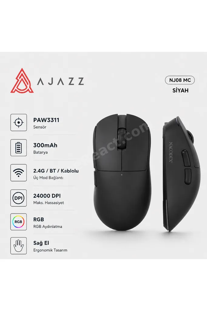 NJ08 MC Kablosuz 3 Modlu RGB Oyuncu Mouse 24.000 DPI Paw 3311 Sensör