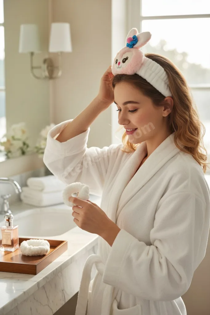 Tavşan Figürlü Makyaj Saç Bandı ve Bileklik Seti Yumuşak Spa Ve Yüz Temizleme Bandı 3’lü Set