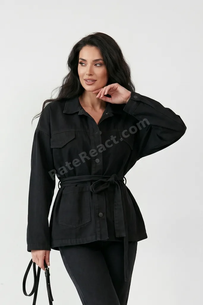 Kuşaklı Denim Siyah Mont