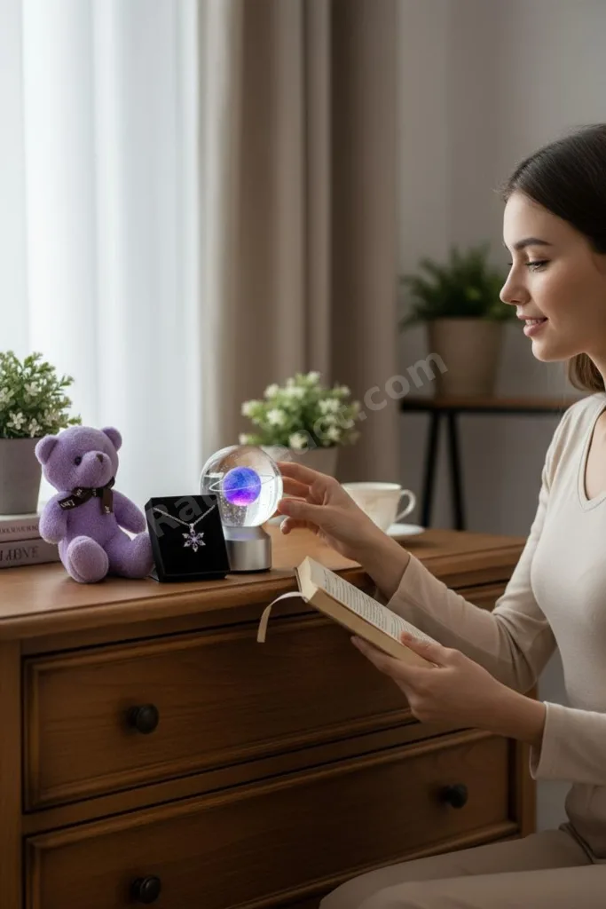 Ayıcık, Lotus Kamelya Çiçeği Kolye ve Satürn Temalı Işıklı  Dolunay 3d Led Işıklı Cam Küre Hediye