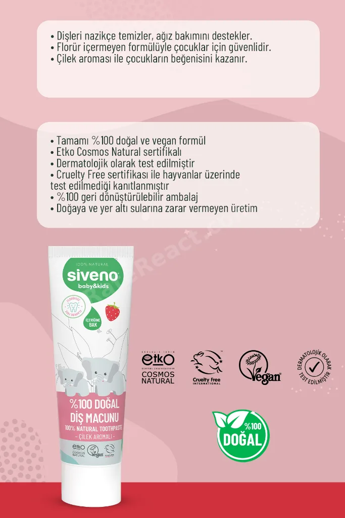 %100 Doğal Diş Macunu Çocuk İçin Çilek Aromalı Florürsüz 50 ml