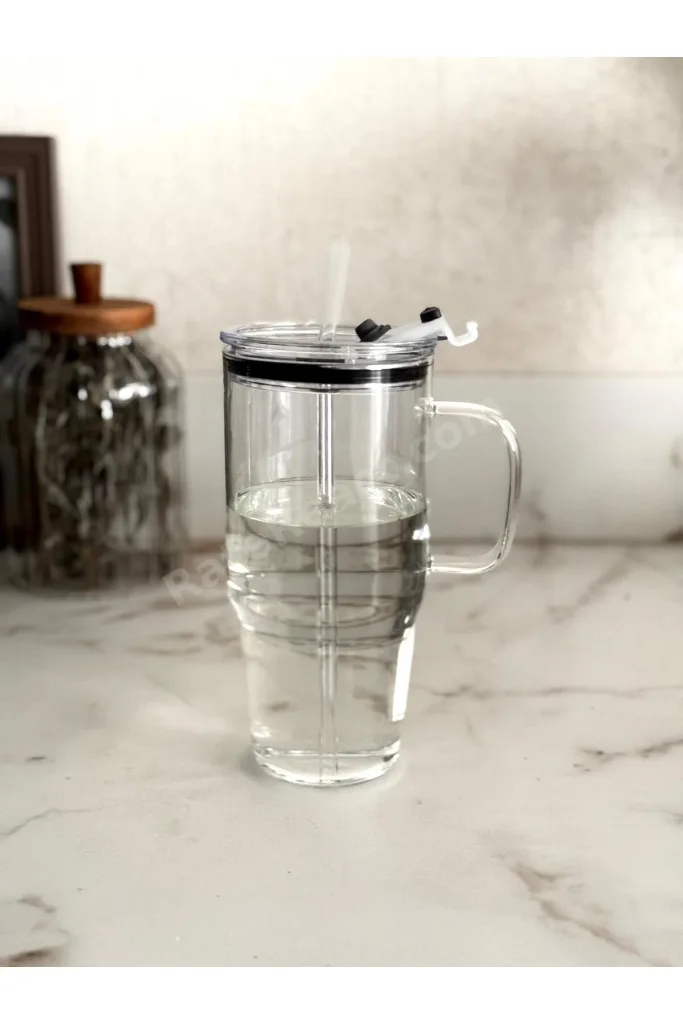 1200 ml Büyük Boy Cam Termos – Sızdırmaz Mika Kapaklı, Cam Pipetli Bardak