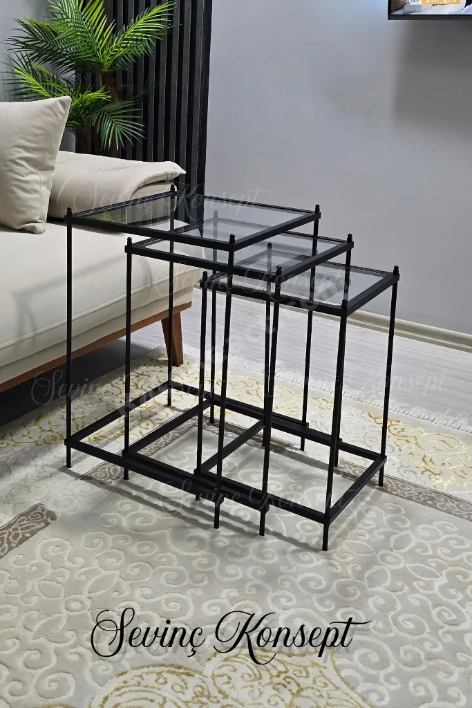 3 lü Vera Black Şeffaf Camlı, Çok Amaçlı Metal Zigon Yan Sehpa