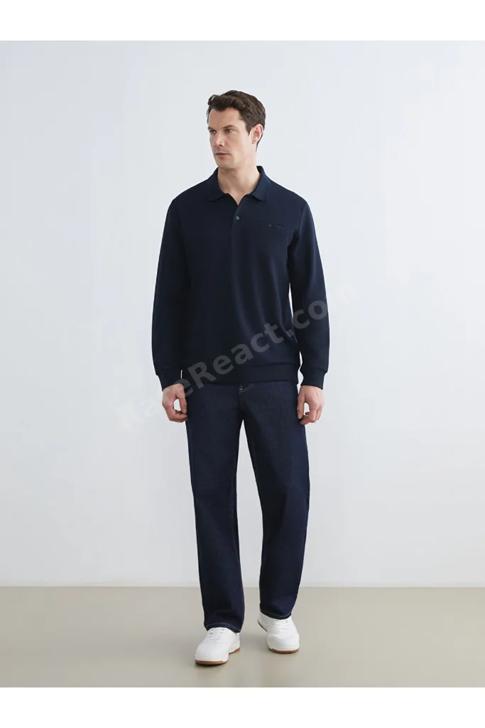 Lacivert Polo Yaka Erkek Sweatshirt