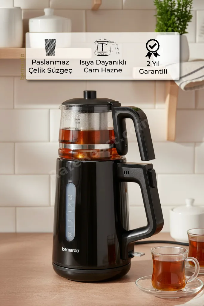 Venedik Cam Demlikli Çay Makinesi Siyah
