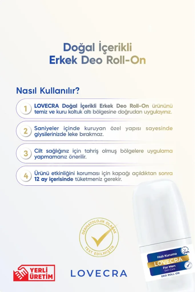 Doğal Erkek Deo Roll On 24 Saat Etkili Terleme Önleyici Ter Kokusuna Karşı Koruma Hassas Cilt 50 ml