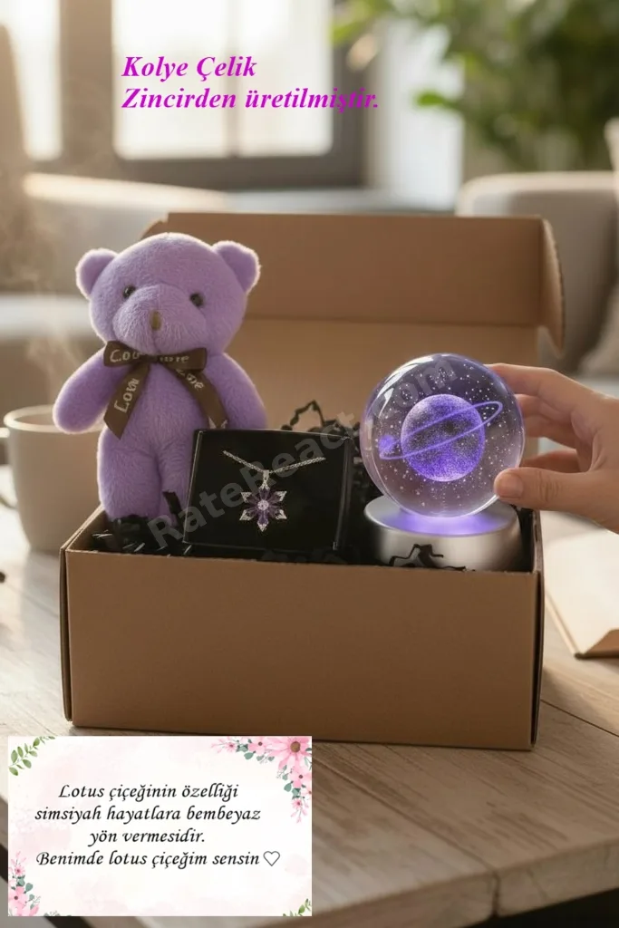 Ayıcık, Lotus Kamelya Çiçeği Kolye ve Satürn Temalı Işıklı  Dolunay 3d Led Işıklı Cam Küre Hediye