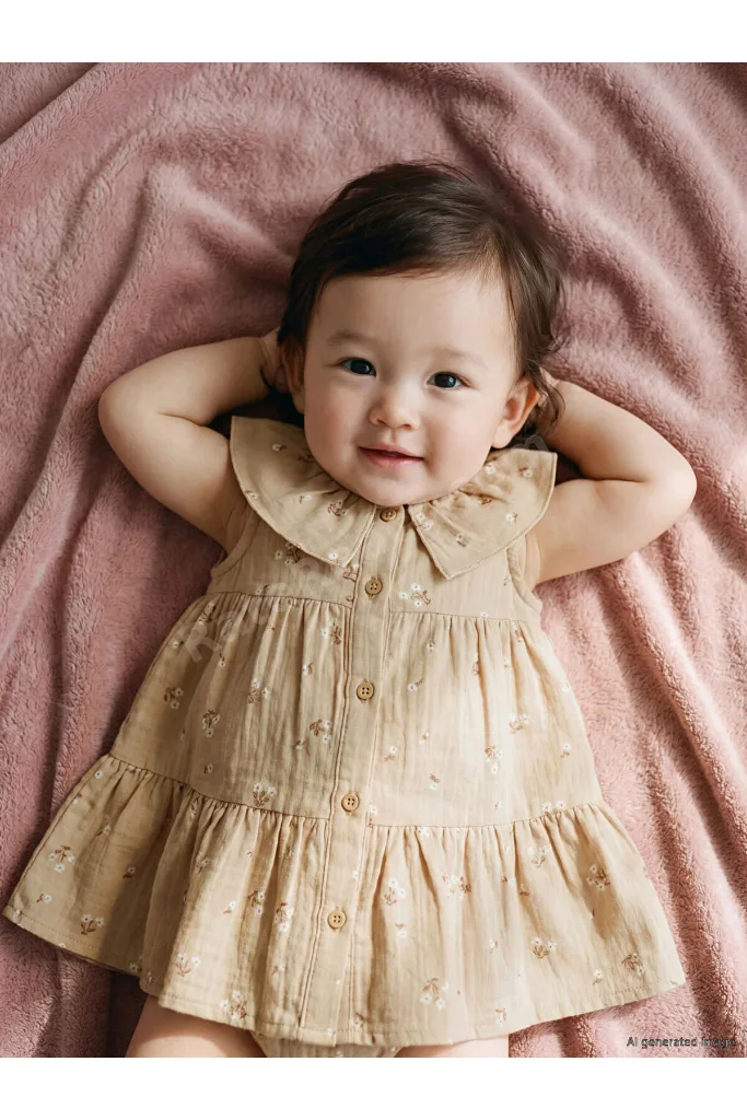 Bej Bebe Yaka Çiçek Desenli Kız Bebek Müslin Elbise