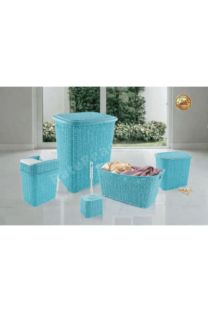 5 Parça Örgü Desenli Plastik Banyo Seti Çamaşır Sepeti Deterjanlık Çöp Kovası Klozet Fırçası - Mavi