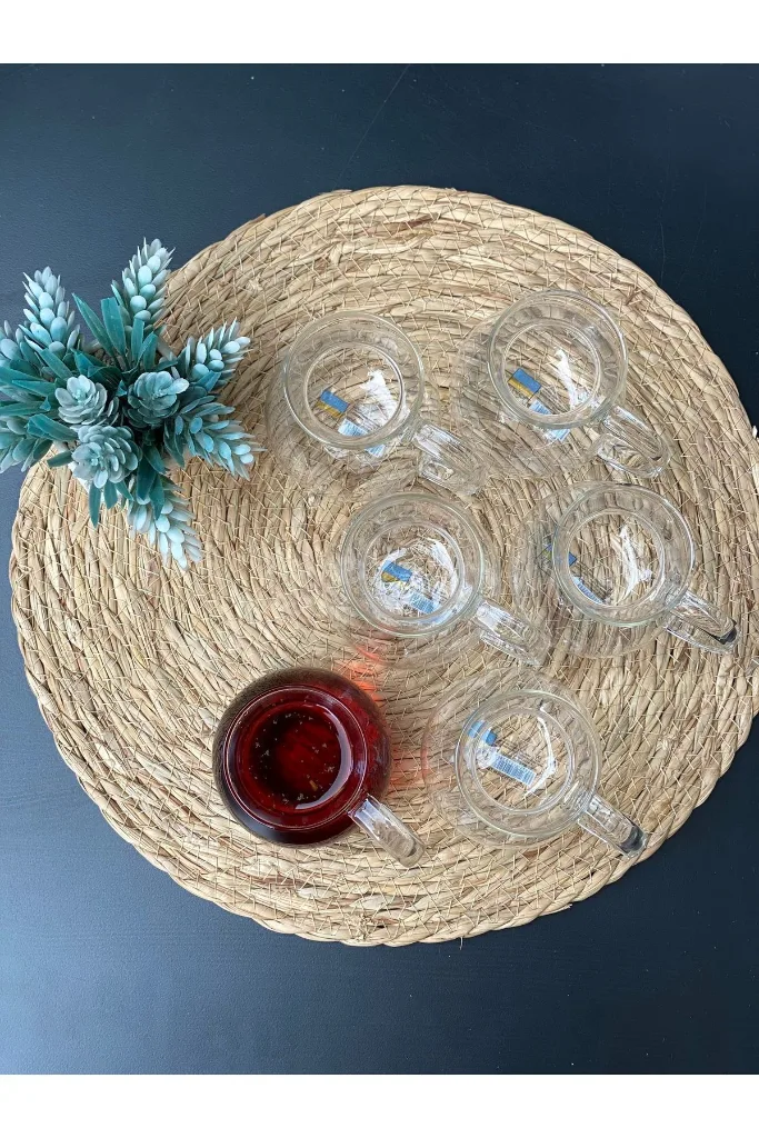 Tombul 6'lı Kulplu Borcam Çay Bardağı 200 Ml, Tombul Kupa, Ateşe Dayanıklı Cam