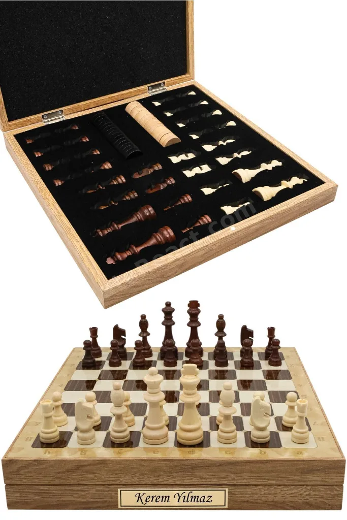 Ahşap Satranç ve Dama Takımı, Kişiye Özel Metal Etiketli, 36cm Meşe Desenli