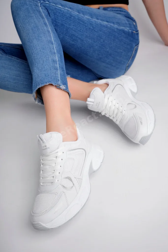 Unisex Beyaz Günlük Snekars Spor Ayakkabı Topuk 4 Cm