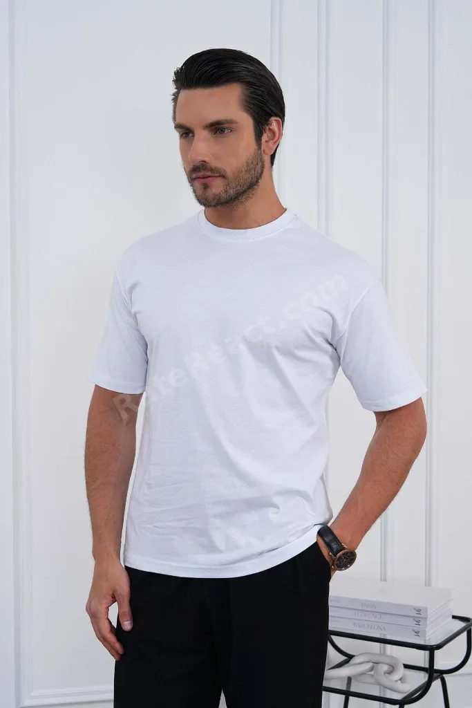 Bisiklet Yaka Beyaz Regular Fit %100 Pamuklu Erkek Tişört