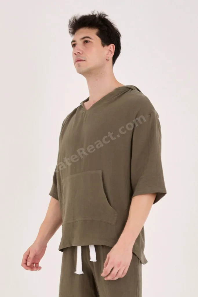 %100 Pamuk 2XS-10XL Arası Oversize Müslin Yazlık Hoodie Haki Yeşil