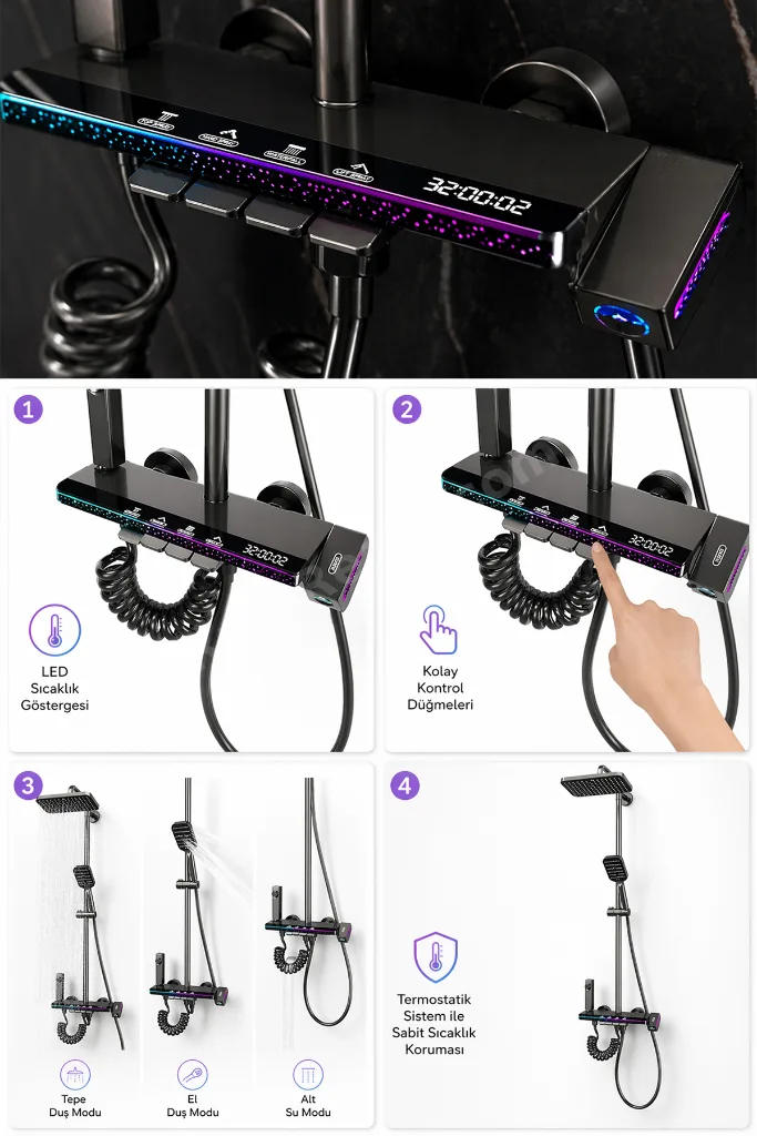 Led Ambiyans Işıklı Termostatik Akıllı Duş Sistemi – RB01