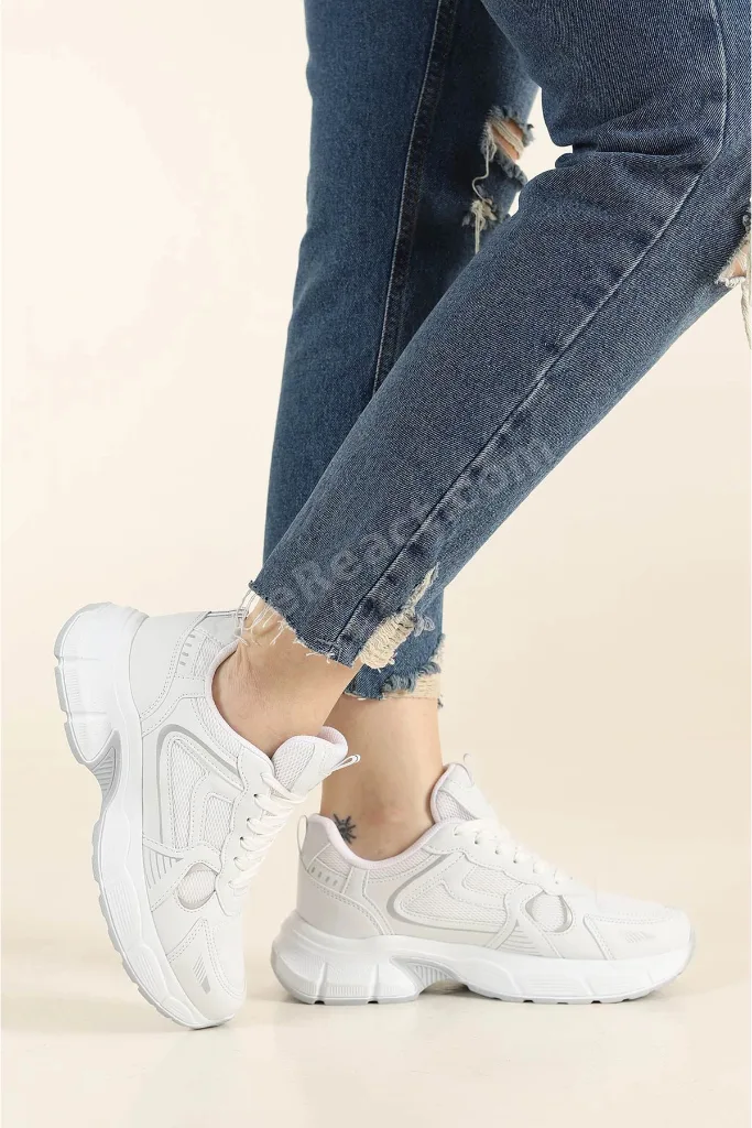 Unisex Beyaz Günlük Snekars Spor Ayakkabı Topuk 4 Cm