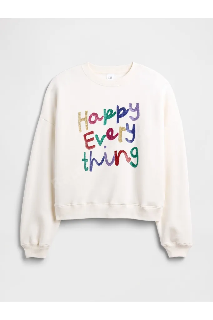 Kadın Kırık Beyaz Oversized Grafik Baskılı Sweatshirt