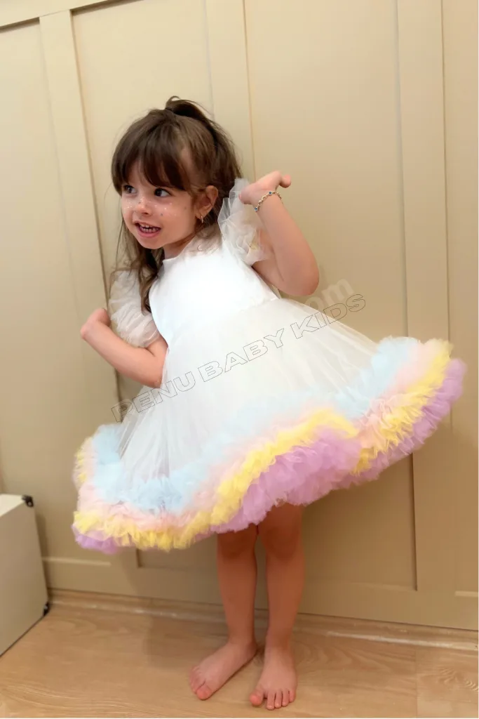 Beyaz Karnaval Renkli Kısa Kol Kız Bebek & Kız Çocuk Elbise - Alice