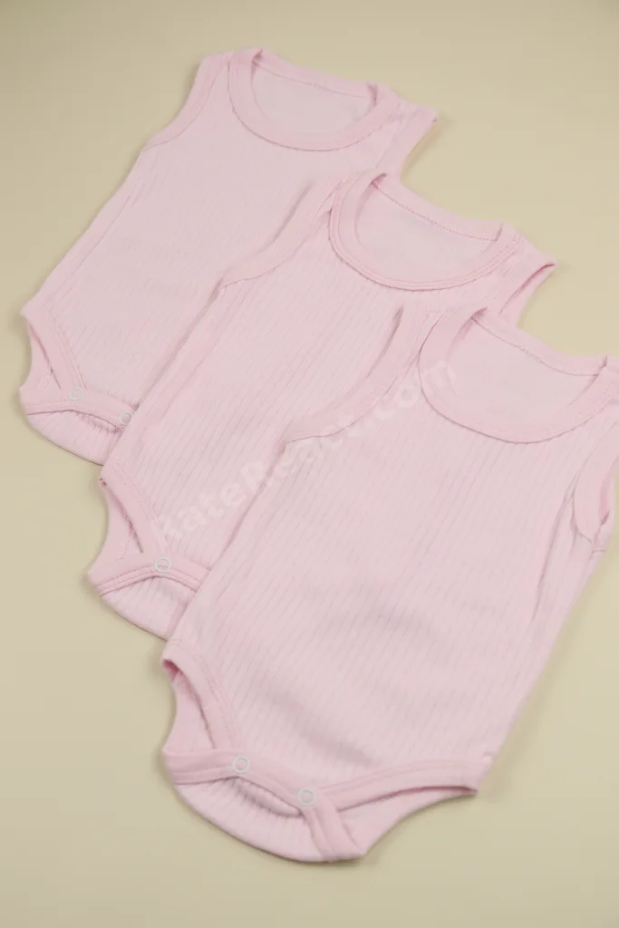 Fitilli Kumaş % 100 Pamuk Kalın Askılı Çıtçıtlı 3'lü Pembe Bebek Body/Zıbın