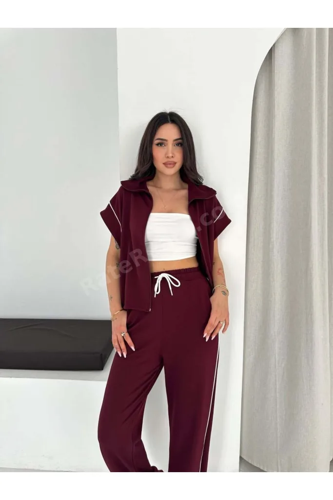 Kadın Modal Kumaş Garnili Sıfır Kol Dik Yaka Oversize Eşofman Takımı