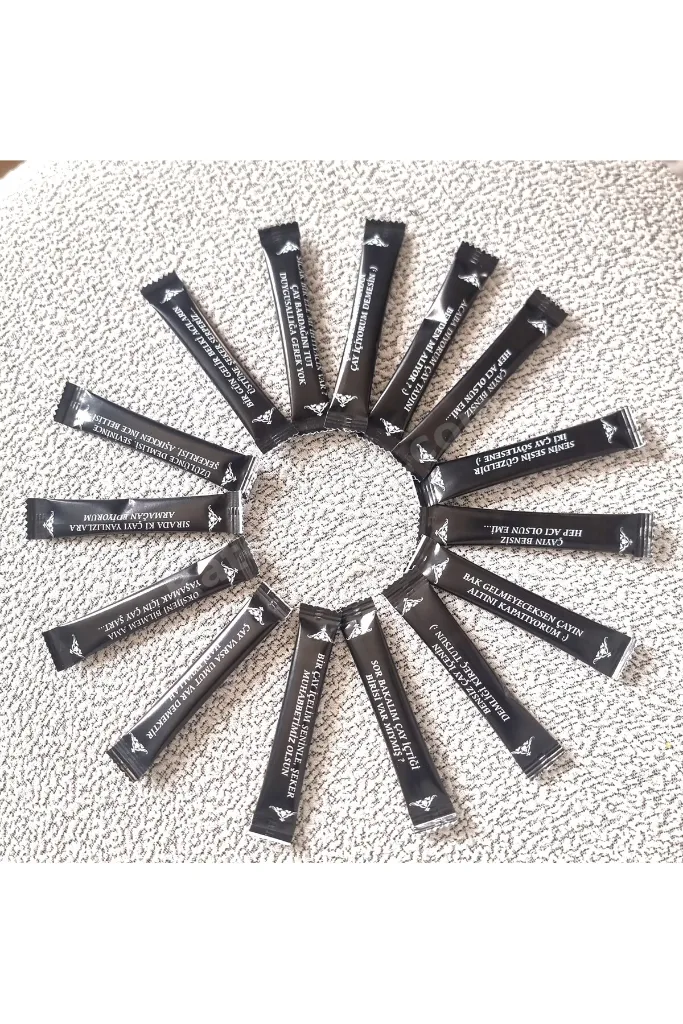 stick toz şeker Esprili Sözler Serisi Siyah Kuşe Ambalaj Net 3 Kg. (3gr.e. X 1000 Adet.e)