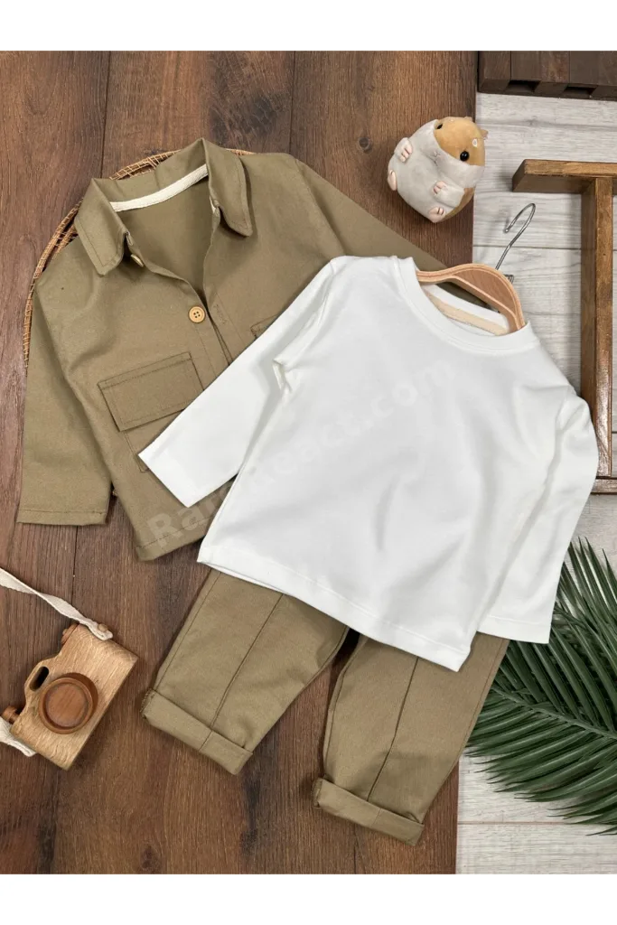Gabardin Safari Ceket Badili Likralı Mevsimlik 3lü Erkek Bebek ve Çocuk Takım