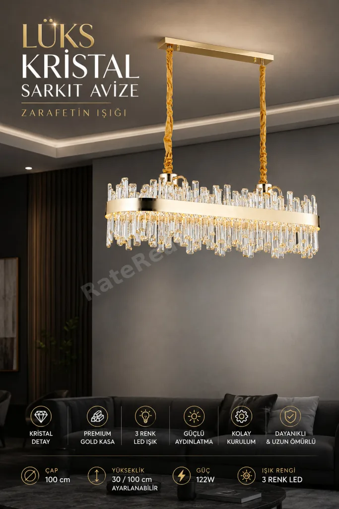 Modern (PREMIUM) Gold Kristal Sarkıt Avize 3 Renk LED Aydınlatma Lüks Salon Yemek Odası Avizesi 122W