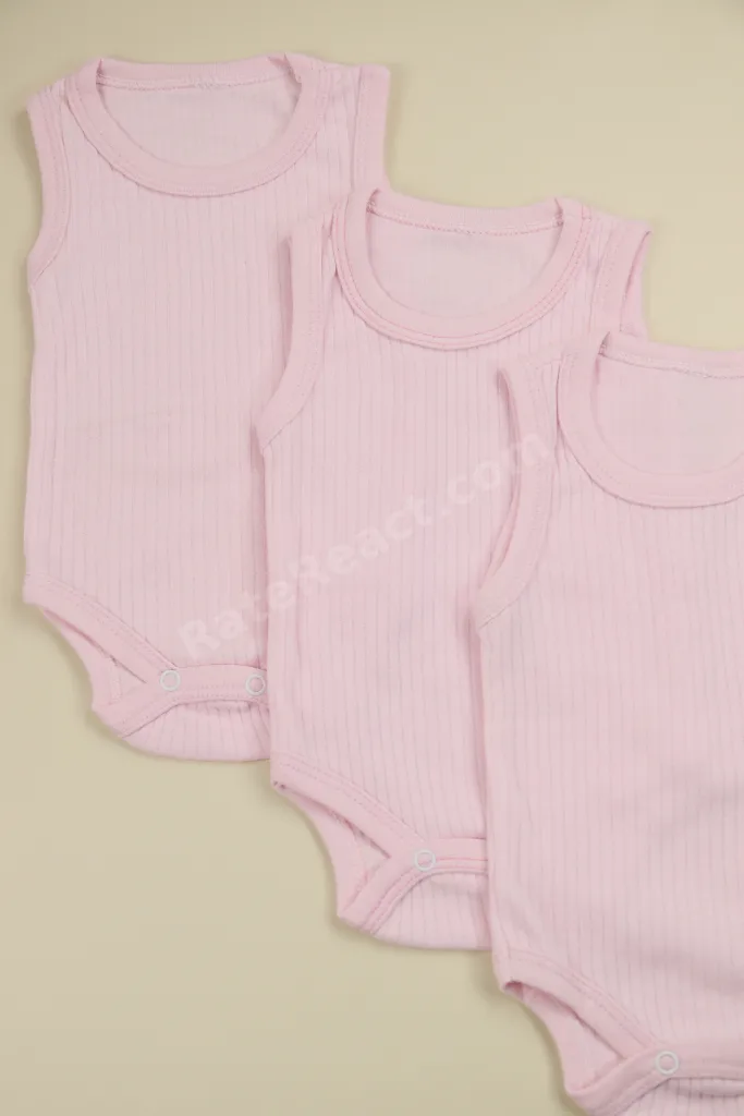 Fitilli Kumaş % 100 Pamuk Kalın Askılı Çıtçıtlı 3'lü Pembe Bebek Body/Zıbın
