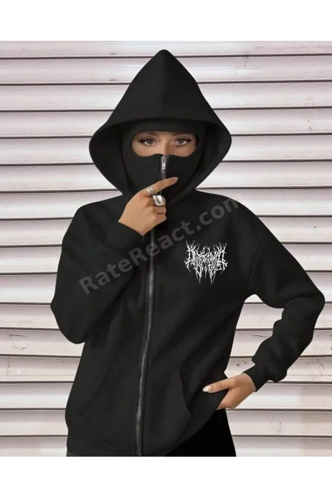Büyük Beden Uzun Boy Karışık Yüz ve Baş Örtüsü Kar maskesi, Kadın Çift Kapüşonlu Fermuarlı Cepli Hoodie, Güz/Kış/Bahar Günlük Siyah