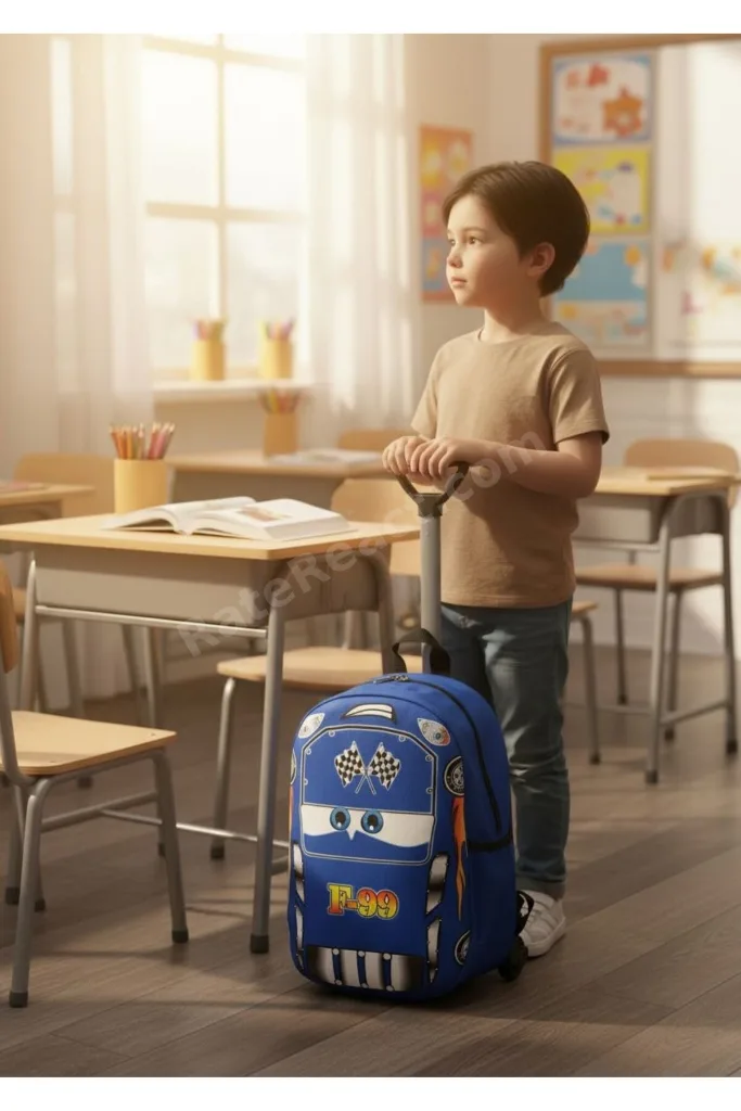 Çocuk Anaokulu Kreş Çekçekli Tekerli Valiz Baskılı Eva Kumaş Sırt Çantası Okul Çantası