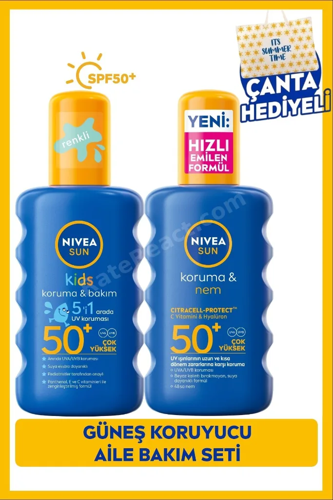 SUN SPF50 Yetişkin ve Çocuklar İçin Güneş Koruyucu Vücut Spreyi Seti 200ml+200ml, Çanta Hediyeli
