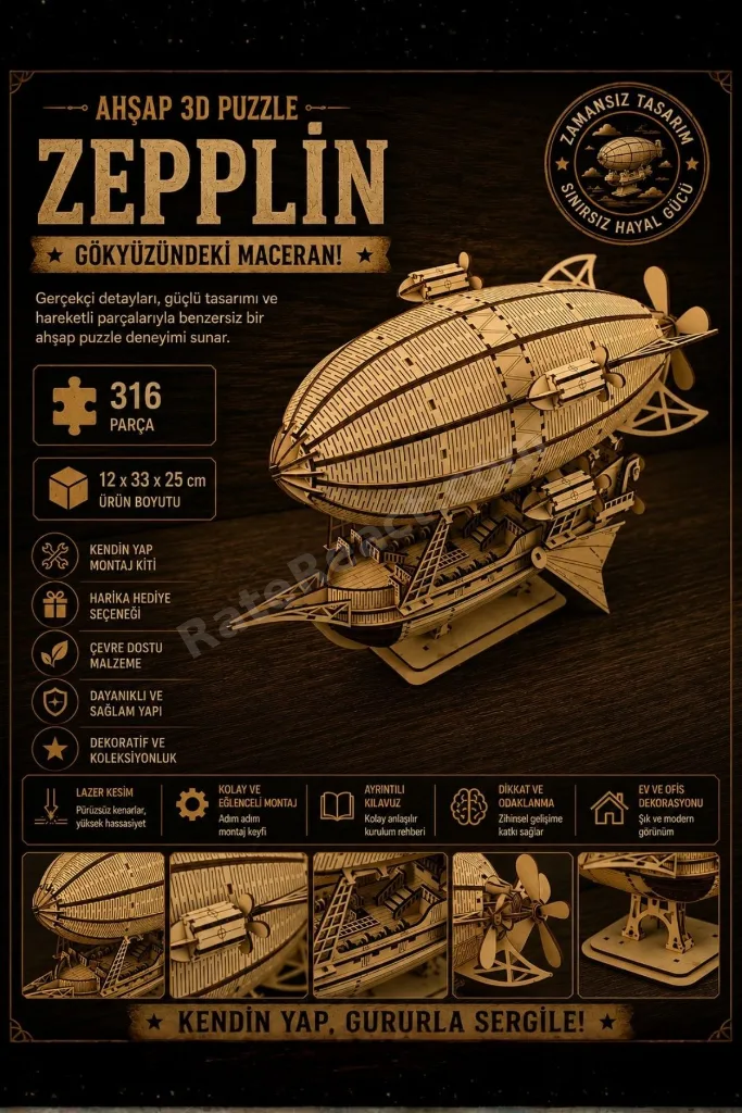 Steampunk Zeplin Minyatür Ahşap Maket 3D Puzzle DIY Kendin Yap Hobi Koleksiyon Seti