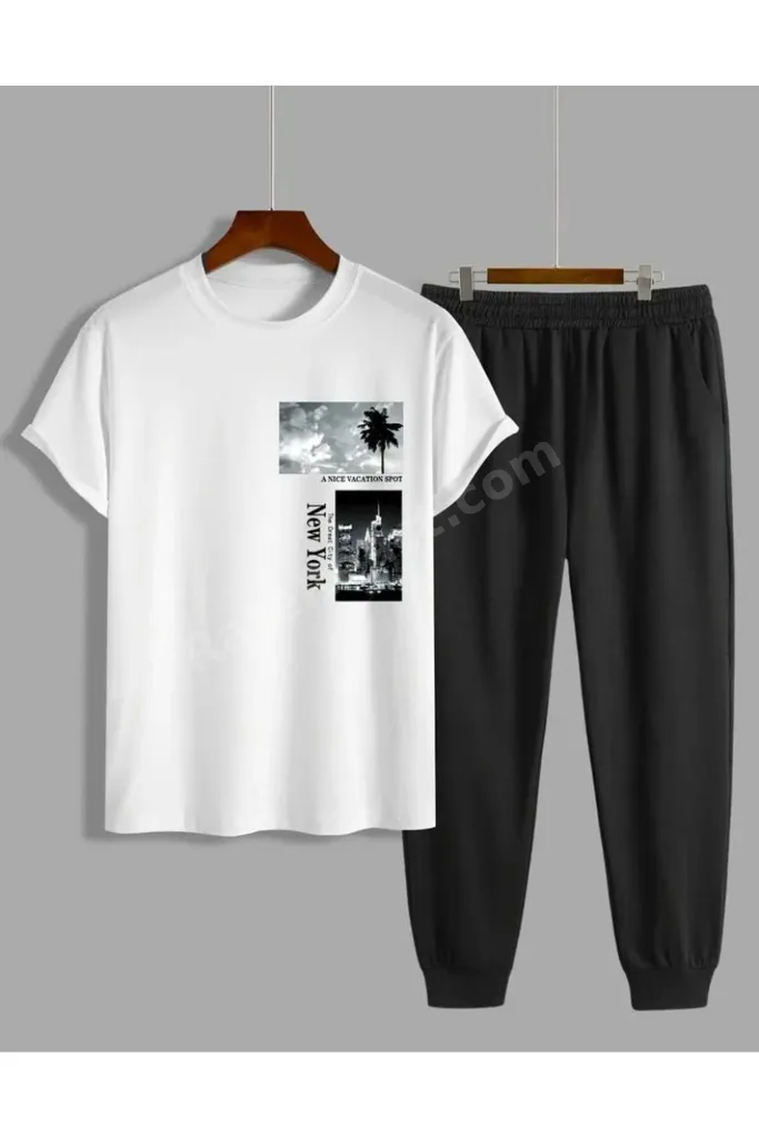 Erkek A Nice Baskılı T-shirt Eşofman Altı Jogger Rahat Kalıp Beyaz Eşofman Takım New Model