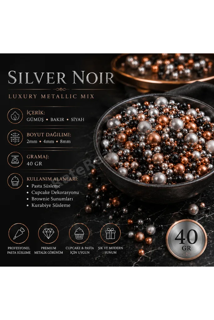 ŞEKERS Silver Noir Luxury Metallic Mix Dekoratif Boncuk Şeker 40gr