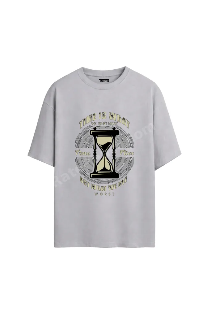 Time Flies Baskılı PREMİUM Bisiklet Yaka %100 Pamuk kısa kollu Oversize Tshirt E-015