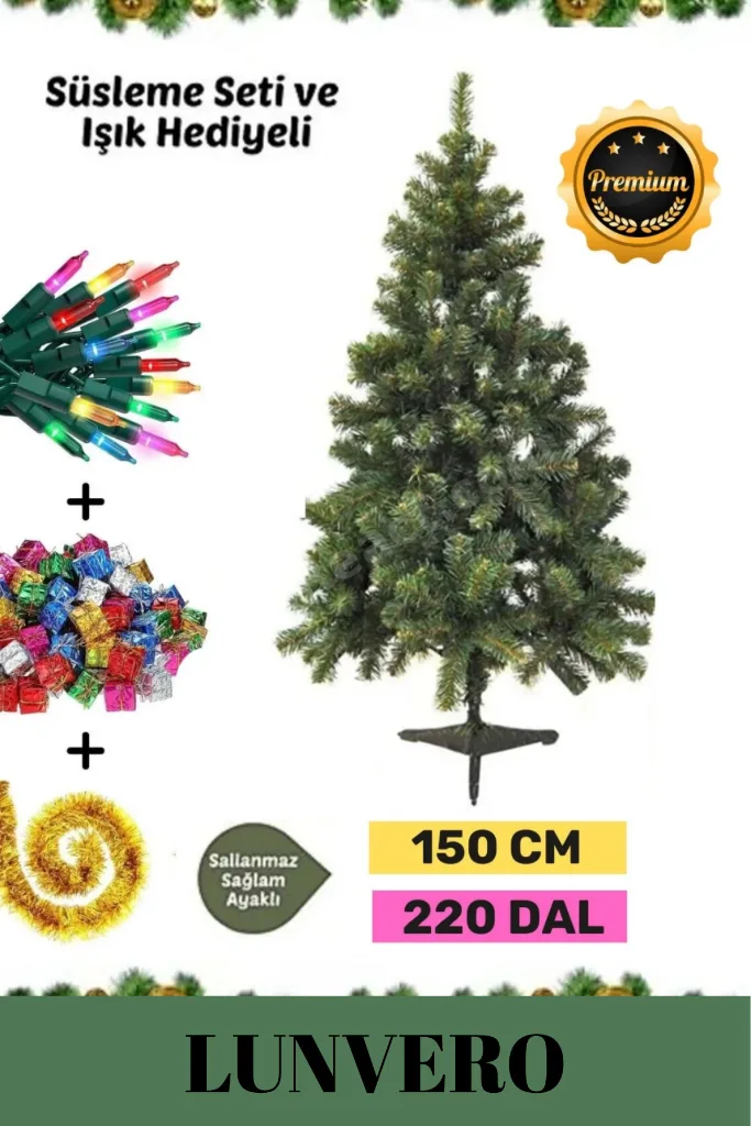 Premium Kutu Yılbaşı Çam Ağacı Süsleme Seti Renkli Işığı Yeni Yıl Süsleri Noel Paketi 150 cm 220 Dal