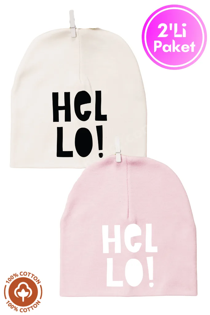 Unisex Bebek Hello Baskılı Penye Organik Pamuklu Yenidoğan 2Li Bebek Bere Renkli Set