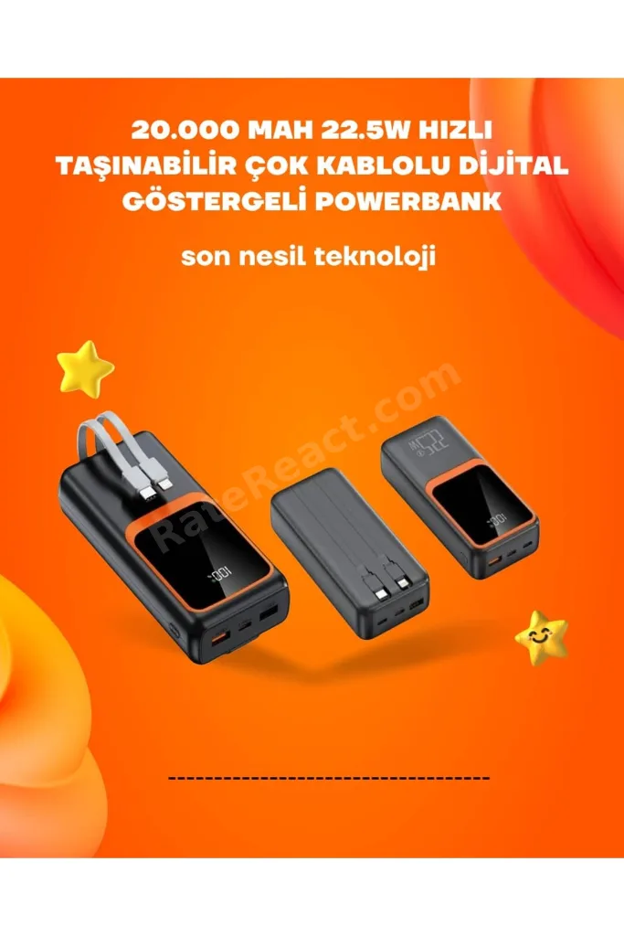ACONCEPT Powerbank 20000 mAh | 22.5W Hızlı Şarj, Dahili Kablolu, LCD Ekranlı (32304) Şarj