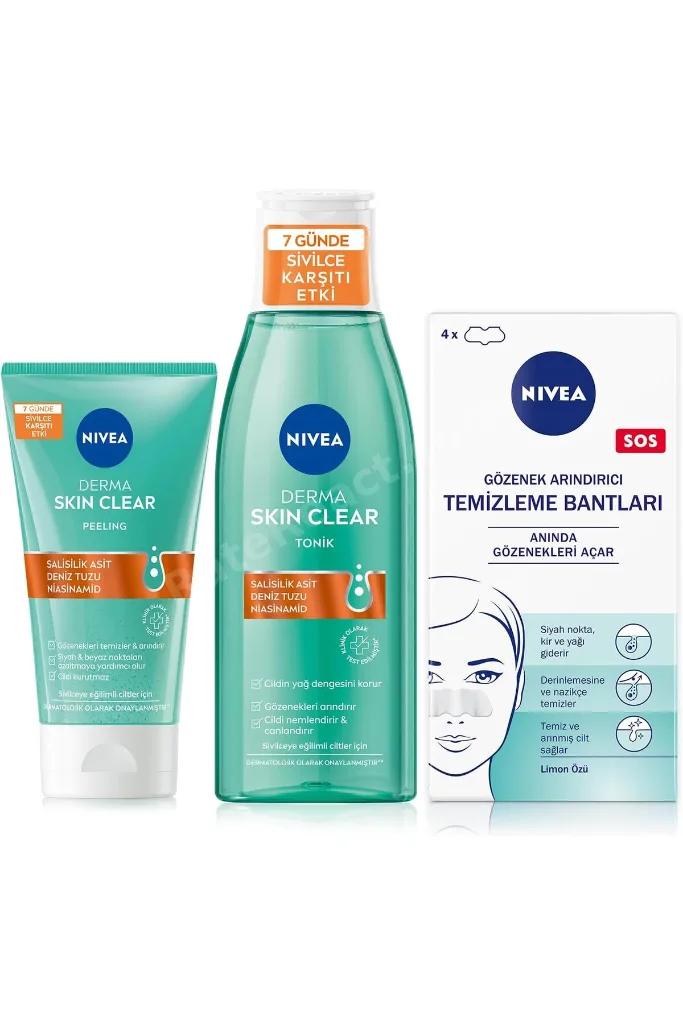 Derma Skin Clear Karşıtı Yüz Temizleyici Peeling 150ml + Tonik 200ml + Burun T-Bant 4 Adet