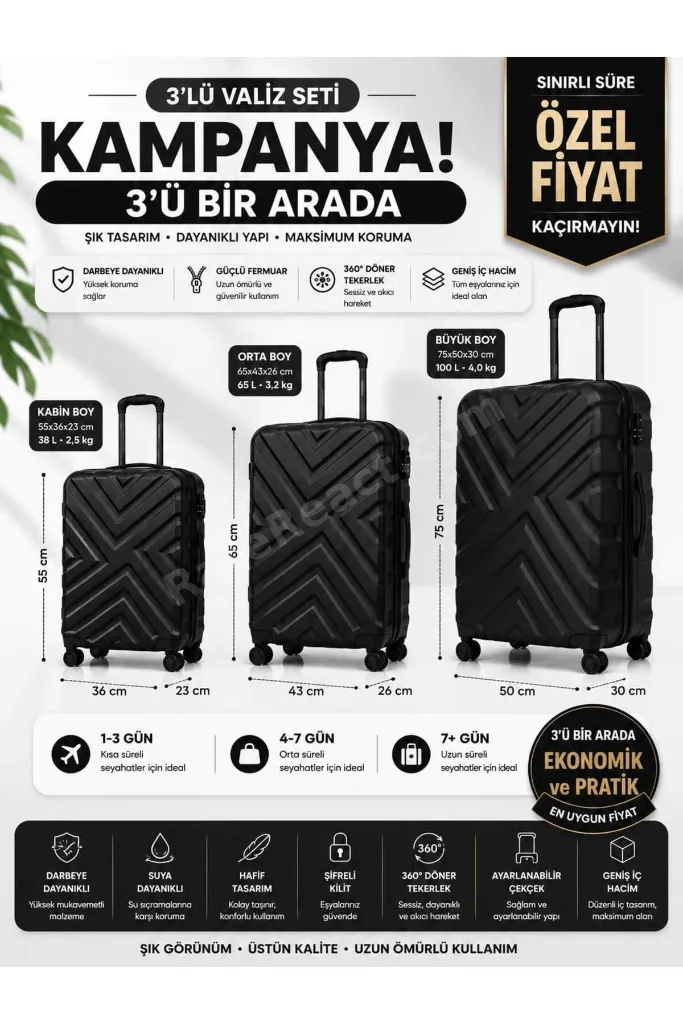 3'lü ABS Plastik Valiz Seti