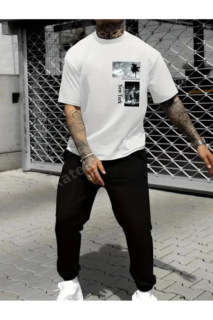 Erkek A Nice Baskılı T-shirt Eşofman Altı Jogger Rahat Kalıp Beyaz Eşofman Takım New Model
