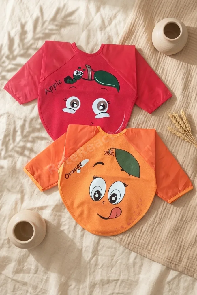 Sıvı Geçirmez Uzun Kollu Bebek Mama Önlüğü - 2'li Set 6-24 Ay Elma Ve Portakal Desenli Blw Uyumlu Ye