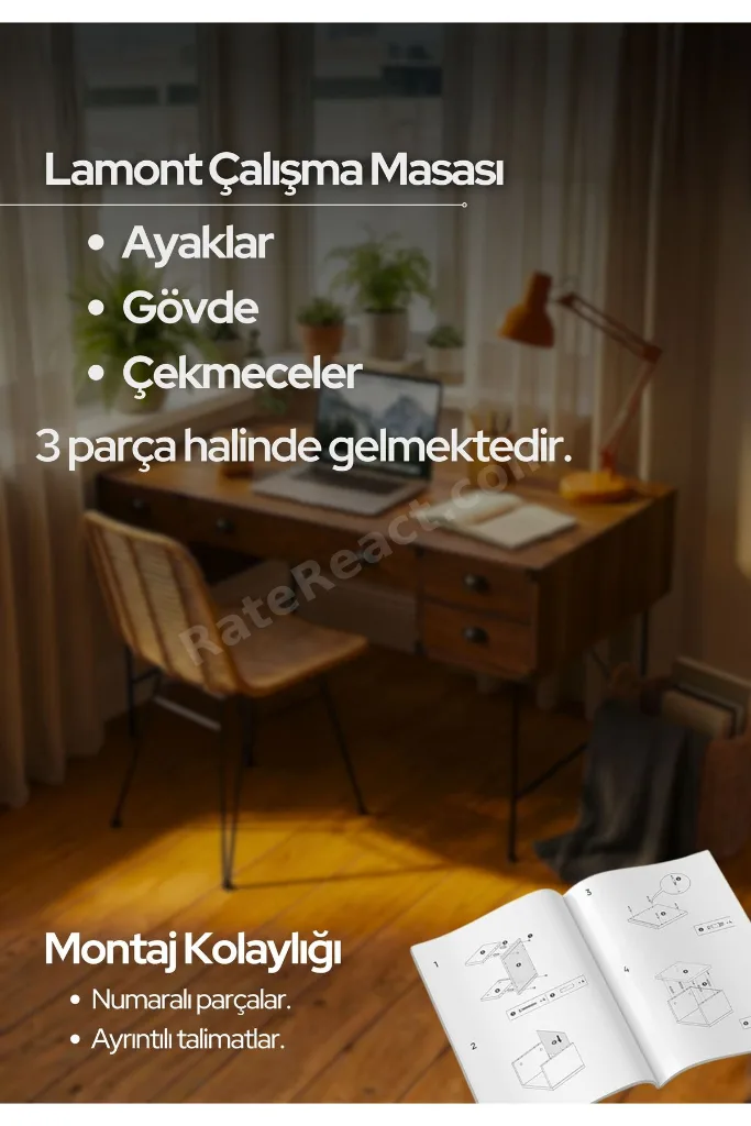 Lamont Çalışma Masası, Home Ofis ve Yönetici Masası Modeli 4 çekmeceli 1 kapaklı raf 180cm